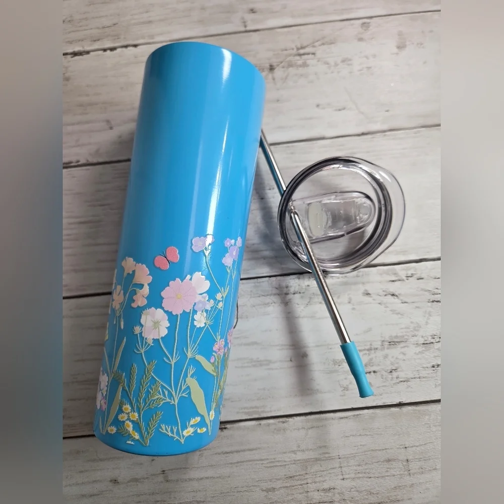 Blue Floral Insulated Tumbler with Straw
